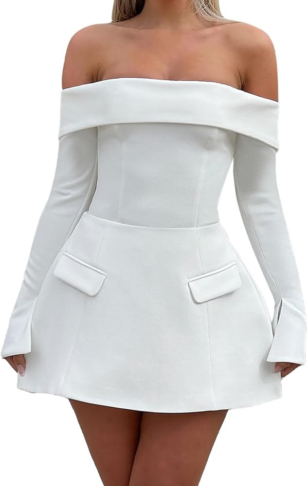 Women Sexy Mini Dress Off Shoulder Long Sleeve A Line Dress Short Formal Dresses Party Clubwear | Amazon (US)