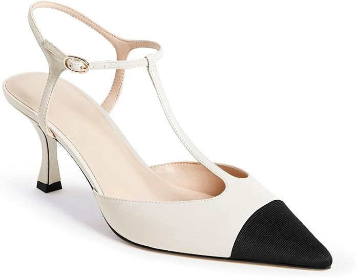 Coutgo Womens Kitten Heels Slingback Pumps Closed Pointed Toe Two Tone Ankle T Strap Office Dress... | Amazon (US)