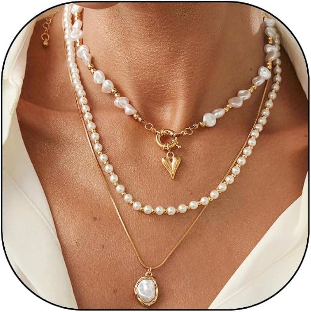 Layered Gold Pearls Beaded Heart Choker Necklaces for Women,Vintage Stackable Baroque Pearl Love ... | Amazon (US)