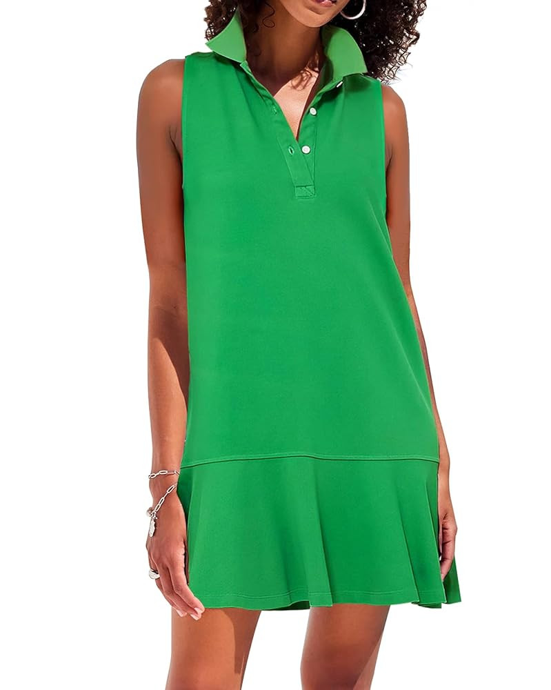 Women's Sleeveless Polo Dress Ruffle Hem Lapel V Neck Summer Shirt Mini Dresses | Amazon (US)