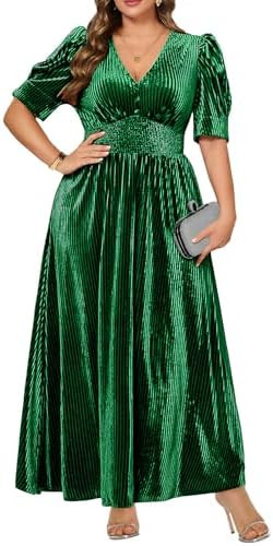 Pinup Fashion Velvet Wedding Guest Dress - Fall Formal Holiday V Neck Empire Waist Long Dresses | Amazon (US)