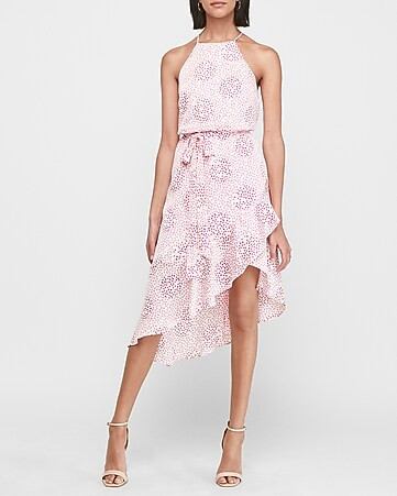 Dotted High Neck Asymmetrical Fit And Flare Dress | Express