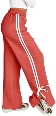Fisoew Womens Wide Leg Track Pants High Waisted Side Slit Striped Baggy Sweatpants with Pockets | Amazon (US)