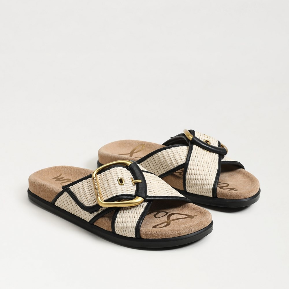 Darla Multi Buckle Slide Sandal Linen/Black Faux Raffia | Sam Edelman