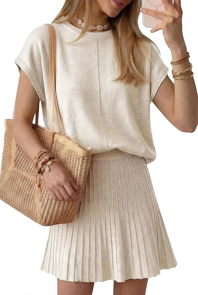 Arach&Cloz Women's Wool Blend Knit 2 Piece Sets Summer Casual Cap Sleeve Tops Pleated Mini Skirt ... | Amazon (US)
