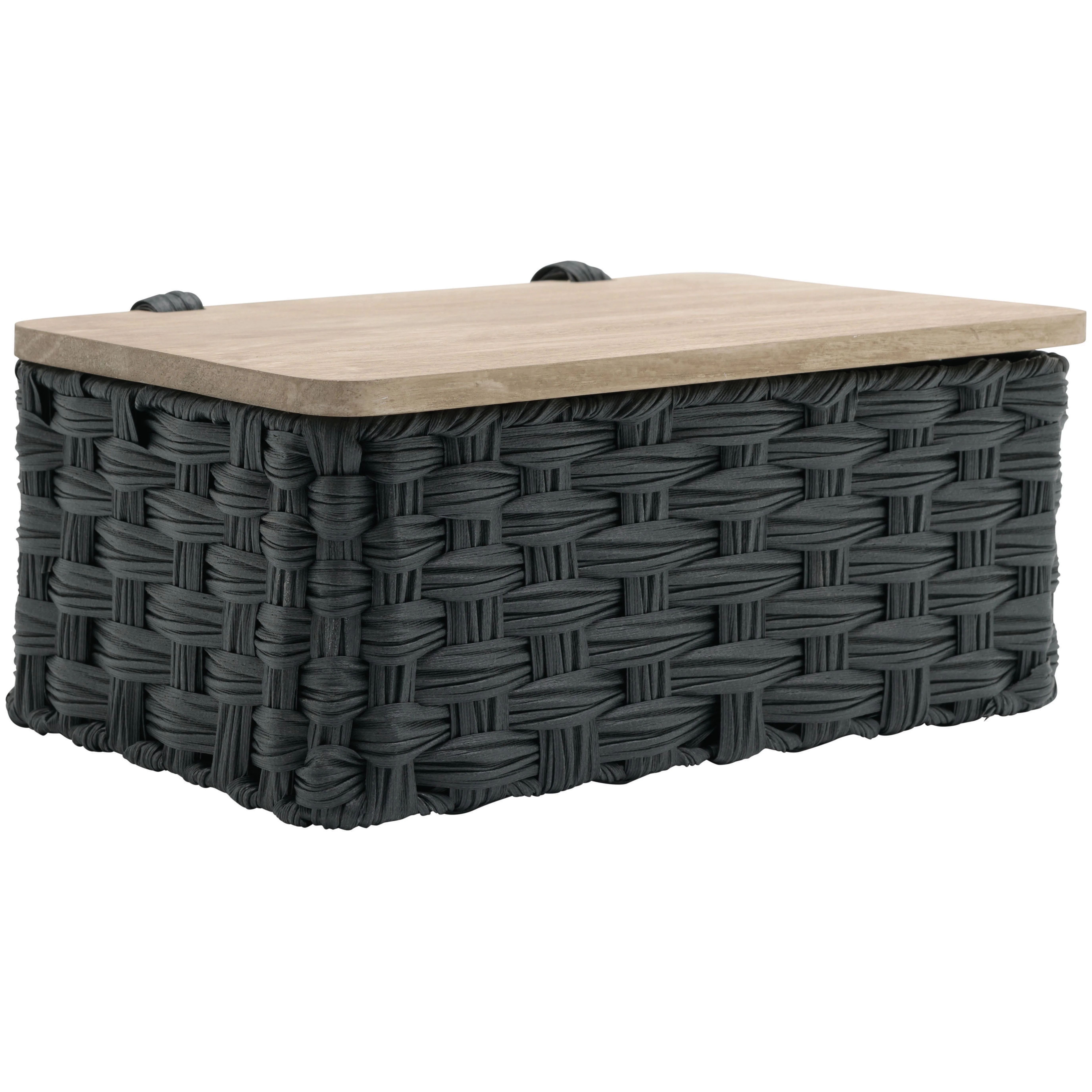 Better Homes & Gardens Black Resin Basket with Woven Design and Natural Wood Lid | Walmart (US)