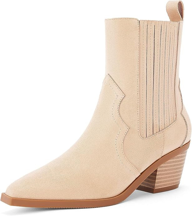 Coutgo Womens Western Pointed Toe Ankle Booties Chunky Stacked Heel Chelsea Boots Cowboy Elastic ... | Amazon (US)