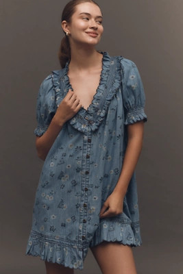 Pilcro Puff-Sleeve Ruffled V-Neck Swing Mini Dress | Anthropologie (US)