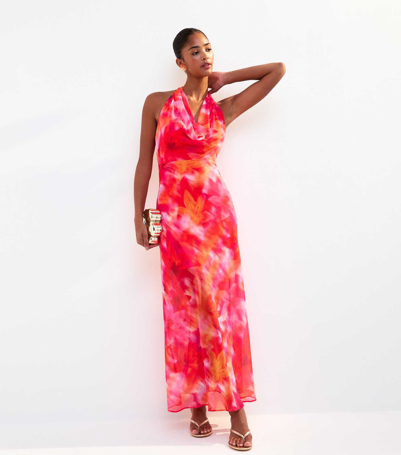 Orange Hibiscus Print Chiffon Halterneck Midi Dress | New Look | New Look (UK)