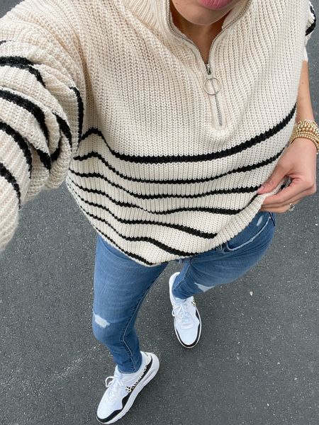 Spring outfit- striped quarter zip sweater, old navy rockstar skinny jeans high rise, Nike air max leopard print 

Spring outfits 

#LTKunder100 #LTKstyletip #LTKshoecrush