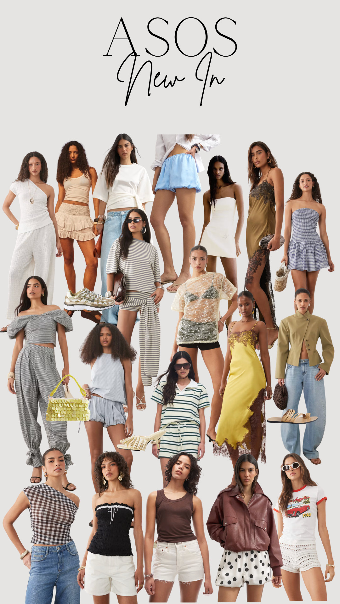 asos new in, spring fashion, summer outfits, new arrivals, holiday outfits, vacation style, resort wear, casual chic, occasionwear, going out dress, day to night look, white co ord, white maxi skirt, one shoulder top, ruffle mini skirt, oversized tee outfit, bubble hem shorts, bandeau mini dress, satin slip dress, lace trim dress, yellow slip dress, striped knit set, off shoulder co ord, gingham mini dress, one shoulder gingham top, tube top outfit, brown tank top, white denim shorts, light wash jeans, wide leg jeans, leather bomber jacket, cropped blazer, sequin sheer top, raffia bucket bag, statement shoulder bag, metallic sneakers, heeled sandals, summer wardrobe, trending now 

 #LTKuk #LTKspring #LTKeurope