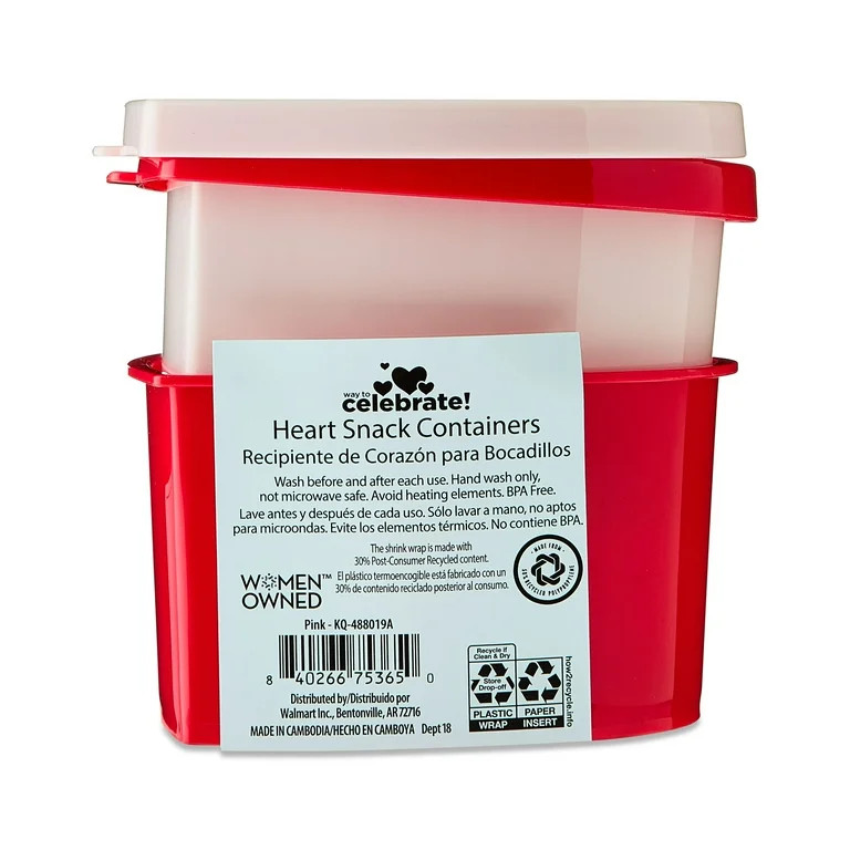 Way To Celebrate4 stars out of 1 review(4.0)|1 Heart Snack Containers, Pink and Red, 5" x 4" x 3"... | Walmart (US)