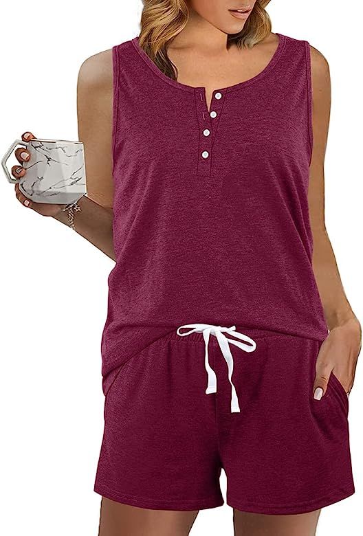 Dofaoo Two Piece Outfits for Women Button Henley Tank Short Set with Pockets | Amazon (US)