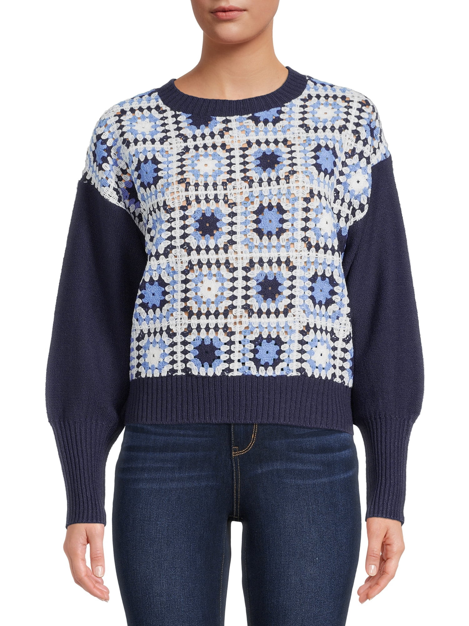 Time and Tru Women's Crochet Front Sweater, Midweight, Sizes XS-XXXL | Walmart (US)