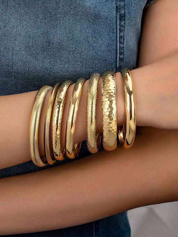 7 Pcs Chunky Wheels Metal Cuff Bangles Bracelets Set , Women Bracelets Set , Stacked Bangles Jewe... | SHEIN