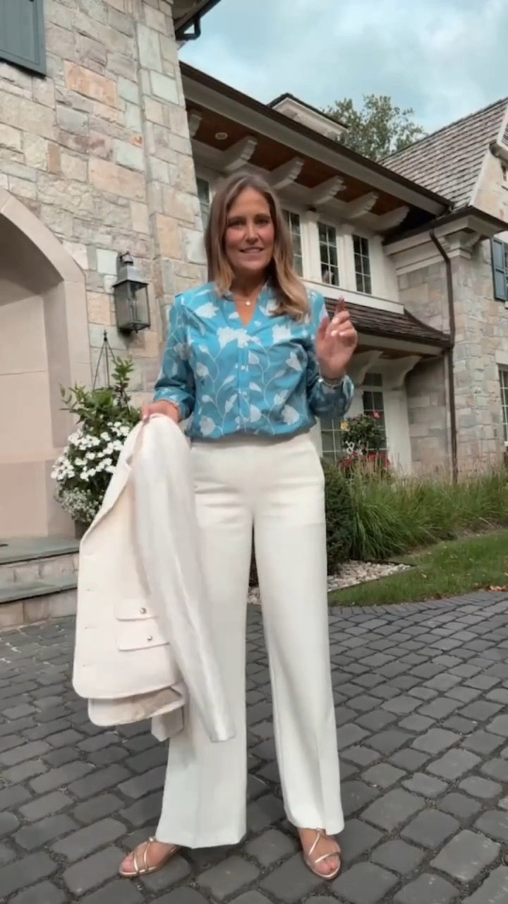 Loving this beautiful embroidered shirt! I paired it with a matching white trousers and blazer! Would look amazing even if it was just paired with black pants and a pair of Mary Jane flats! 

#LTKMidsize #LTKOver40 #LTKSeasonal