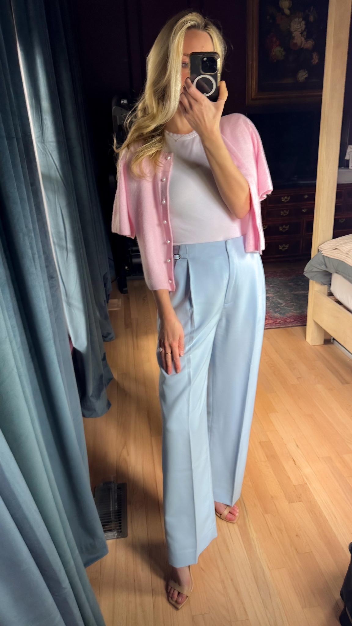 Love these Abercrombie light blue pleated pants pink cardigan short sleeve top dress pants dressy pants workwear office outfits working mom 

 #LTKgrwm #LTKootd #LTKOver40