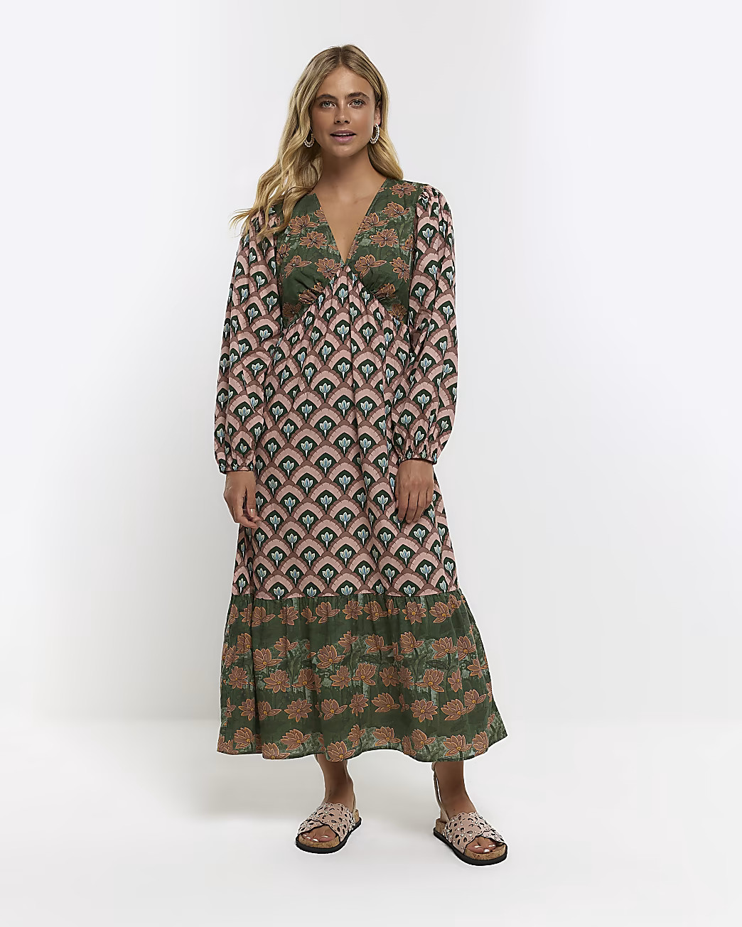 Green print long sleeve midi dress | River Island (US)