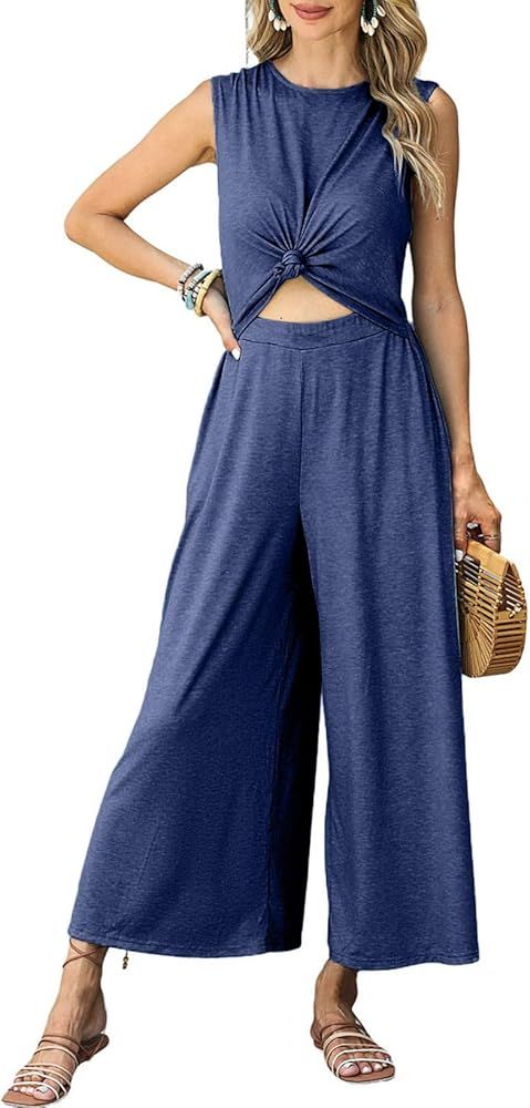 Happy Sailed Womens Sumemr Jumpsuits 2024 Casual Sleeveless Crew Neck Front Knot Wide Leg Pants R... | Amazon (US)