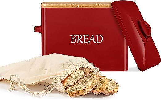 EXTRA LARGE Bread Box with 2 Lids - Metal Lid & Bamboo Lid - Red Bread Box for Kitchen Countertop... | Amazon (US)