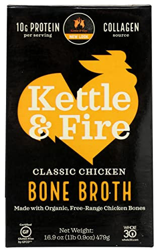 Kettle & Fire Classic Chicken Bone Broth, 10g Protein, Whole30, Gluten Free, 16.9 Oz (Pack of 6) | Amazon (US)