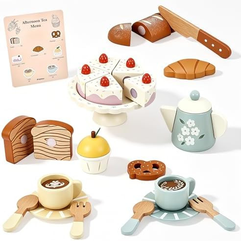 Wooden Tea Set for Little Girls, Wooden Dessert Play Food for Toddlers Kids, Pretend Play Kitchen... | Amazon (US)