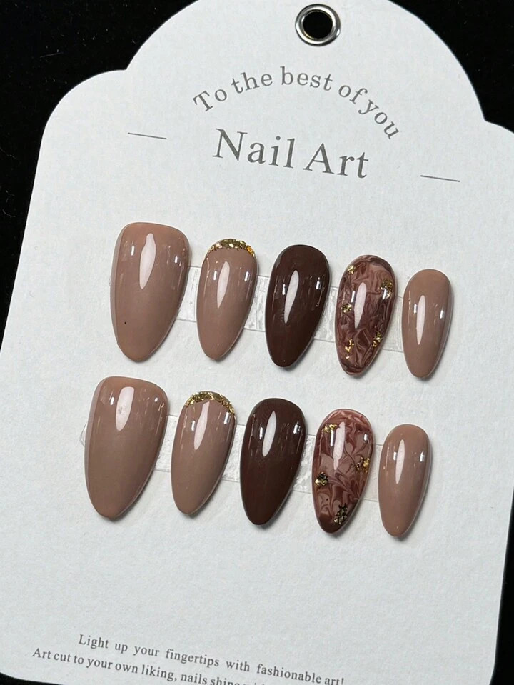 10pcs Handmade Almond-Color Tie Dye Brown Cute Simple Fashion Premium False Nails | SHEIN