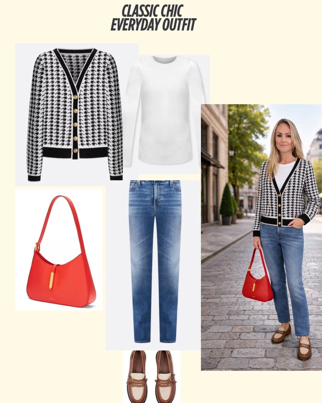 Classic chic, everyday easy 🤍

This is one of those outfits that works everywhere — errands, coffee, casual meetings, travel days. Polished but not stiff.

I love how the houndstooth cardigan instantly elevates simple denim, while the white tee keeps it fresh and effortless. Straight-leg jeans = flattering + timeless. And that red bag? The perfect pop to break up neutrals without screaming for attention.

Finished with comfy loafers because style should never fight with real life.
Wearing size S, and shoes size 8
Shop every piece linked here 👇