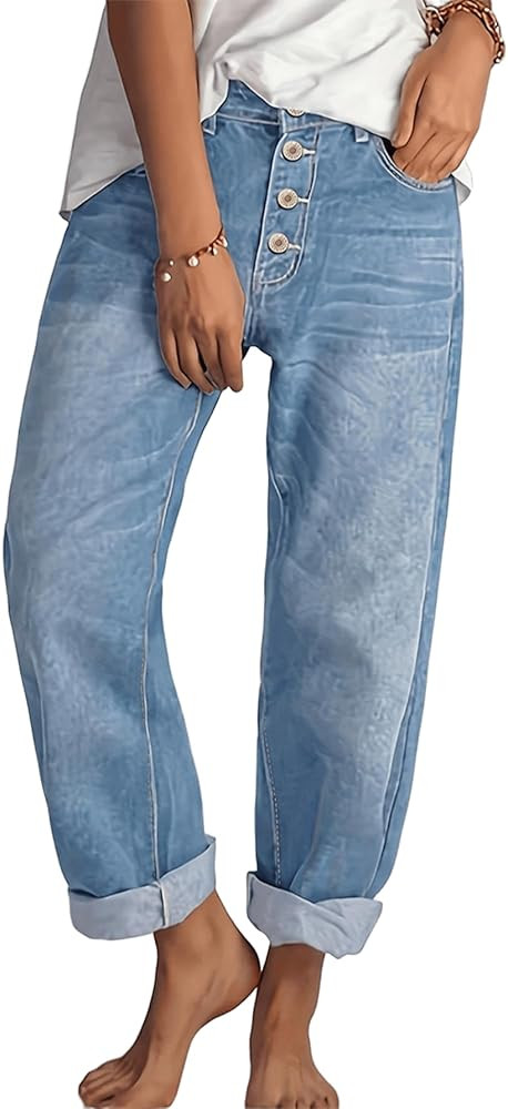 Women's High Waisted Straight Leg Jeans Loose Fit Button Fly Denim Pants Vintage Light Wash High ... | Amazon (US)