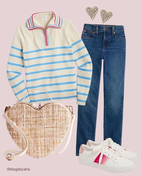 Casual outfit idea 🤍 striped half zip pullover sweater, classic vintage straight jeans, pink striped sneakers, heart stud earrings, woven heart crossbody bag 

#LTKstyletip #LTKSeasonal #LTKFind