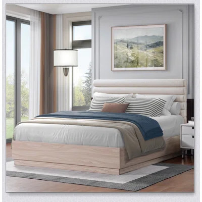 Wood Bed Frame with Boucle Fabric Upholstered Headboard | Wayfair North America