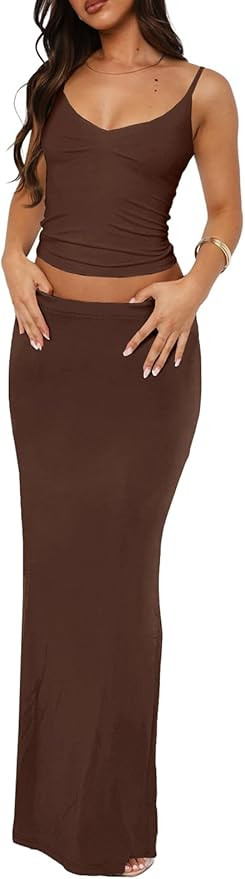 Two Piece Skirt Set for Women - Sexy Sleeveless Spaghetti Strap Pleated Tank Top Maxi Long Skirts... | Amazon (US)