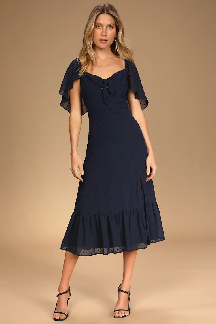 Only Lovers Navy Blue Swiss Dot Short Cape Sleeve Midi Dress | Lulus
