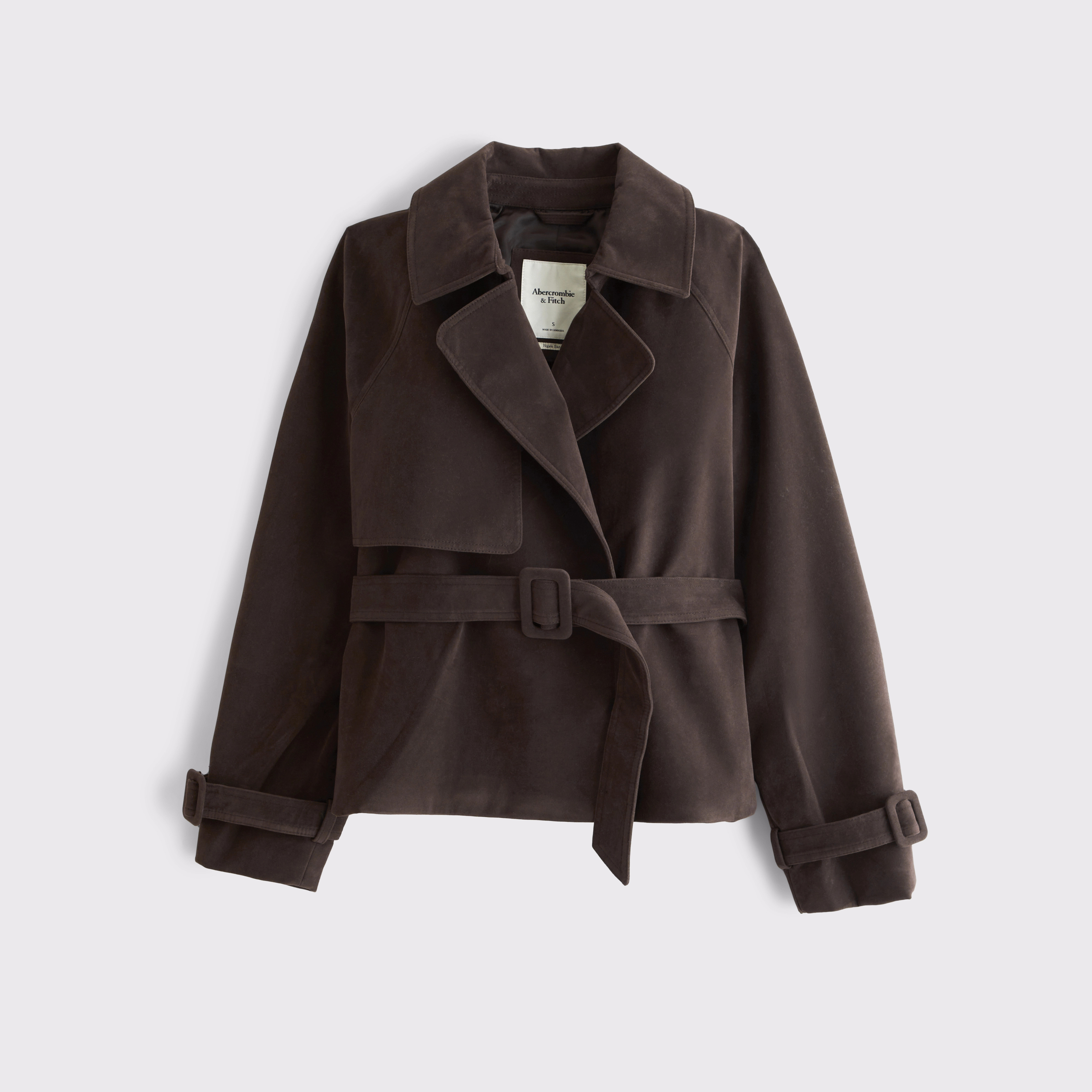 Short Belted Vegan Suede Trench Coat | Abercrombie & Fitch (US)