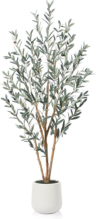 Faux Olive Tree, 6ft Tall Olive Trees Artificial for Indoor with Natural Wood Trunk and White Cer... | Amazon (US)