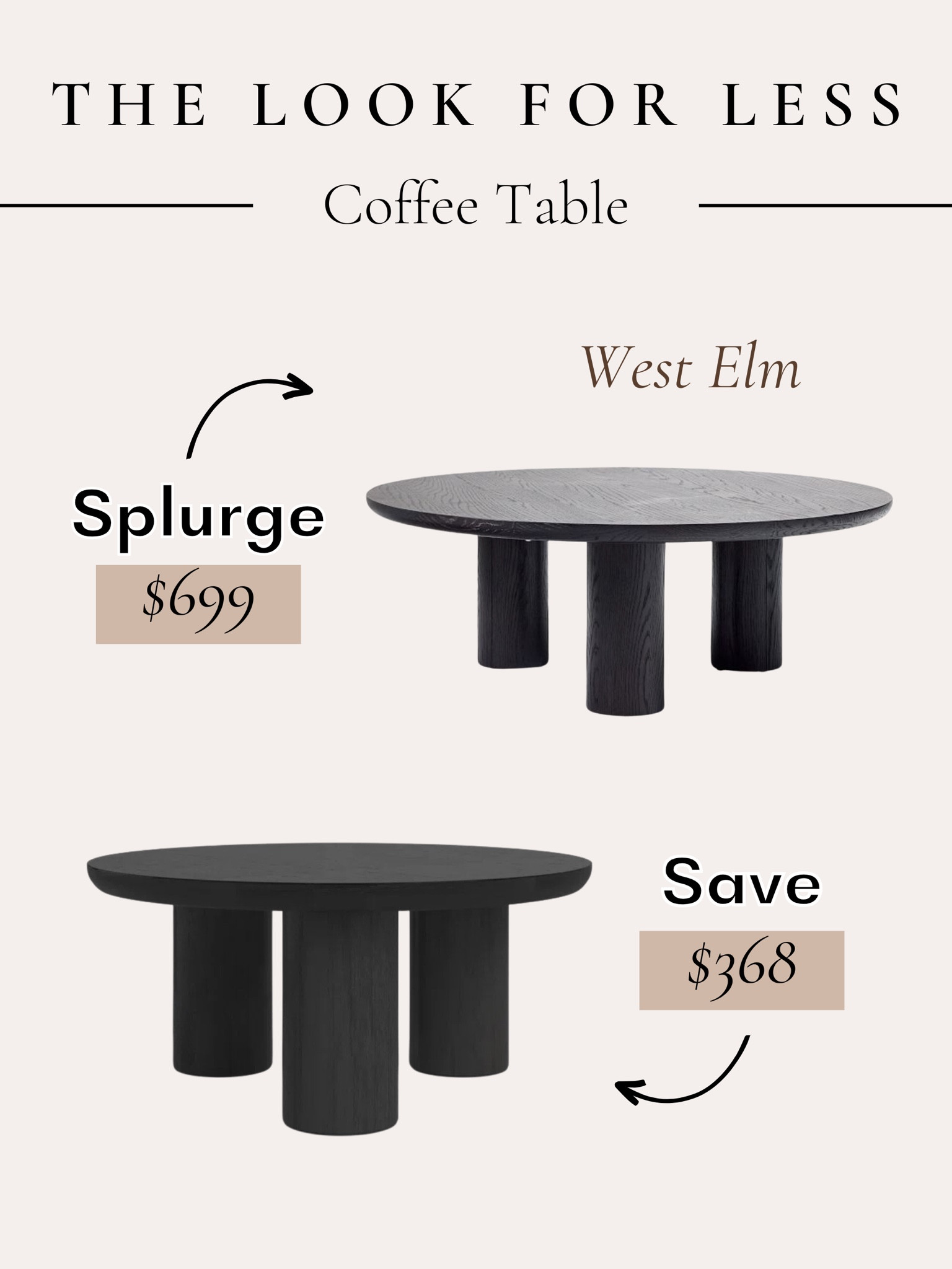 Our coffee table is a lookalike for this West Elm version that’s double the price! The WE table is 42” and the inspired version is 40”, a very substantial table for such a great price!
•••
Coffee table, round coffee table, black coffee table, round black coffee table, wood grain coffee table, black wood grain coffee table, pedestal coffee table, large coffee table, circle coffee table 


#LTKSaleAlert #LTKHome