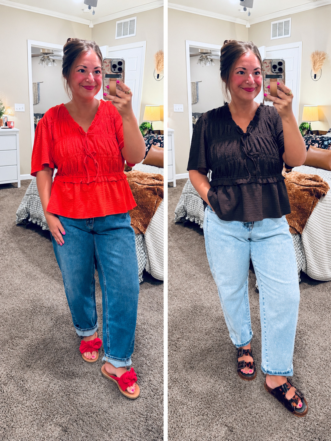 This Walmart blouse has the cutest tie-front detail! ❤️ Styled with jeans in red & brown for two casual classroom looks. Which color is your favorite?

#LTKootd #LTKMidsize #LTKWorkwear