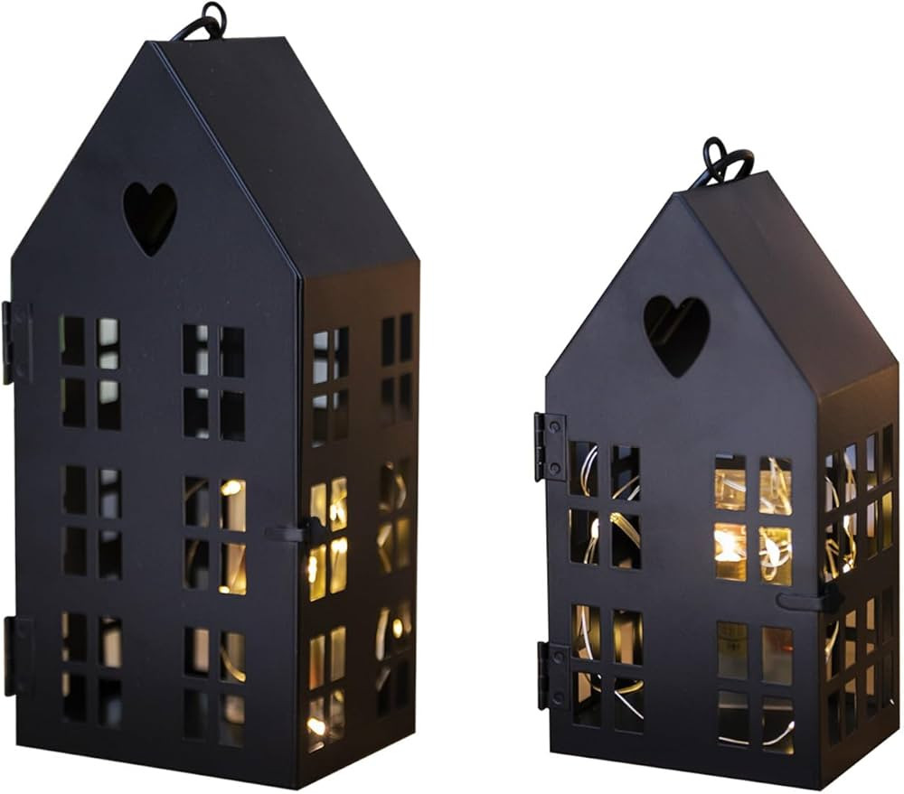 HPC Decor Modern Farmhouse Lantern Decorative- Metal House Candle Lanterns w/Timer String & LED T... | Amazon (US)