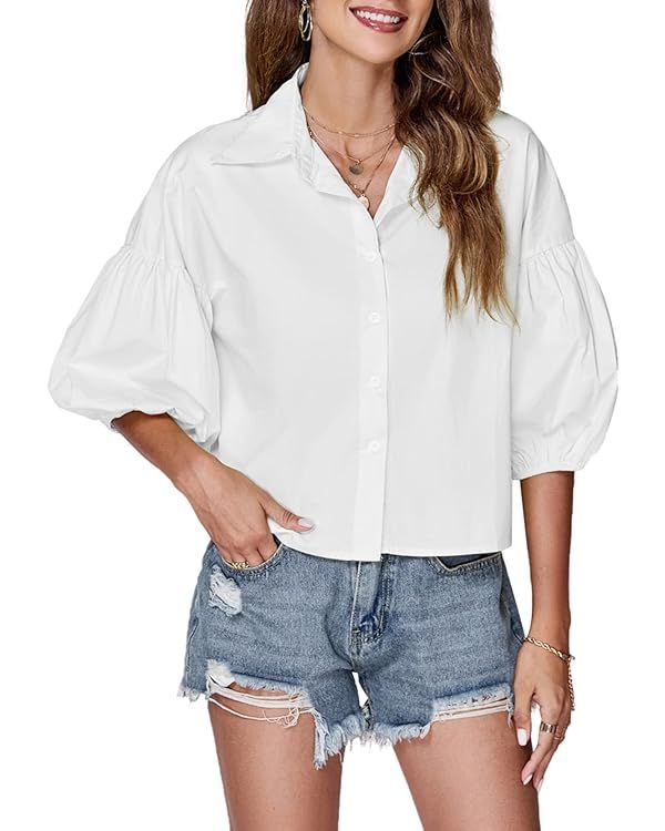 LYANER Women's Collar V Neck Button Down Lantern Short Sleeve Blouse Crop Top Shirt | Amazon (US)