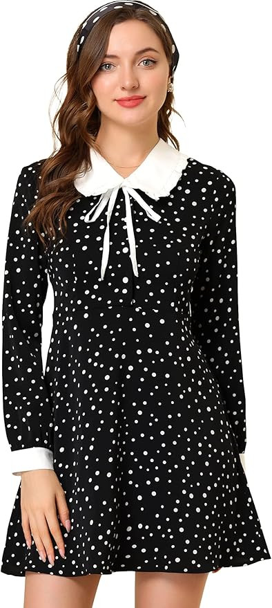 Allegra K Women's Polka Dots Tie Neck Retro Vintage Contrast Peter Pan Collar Dress | Amazon (US)