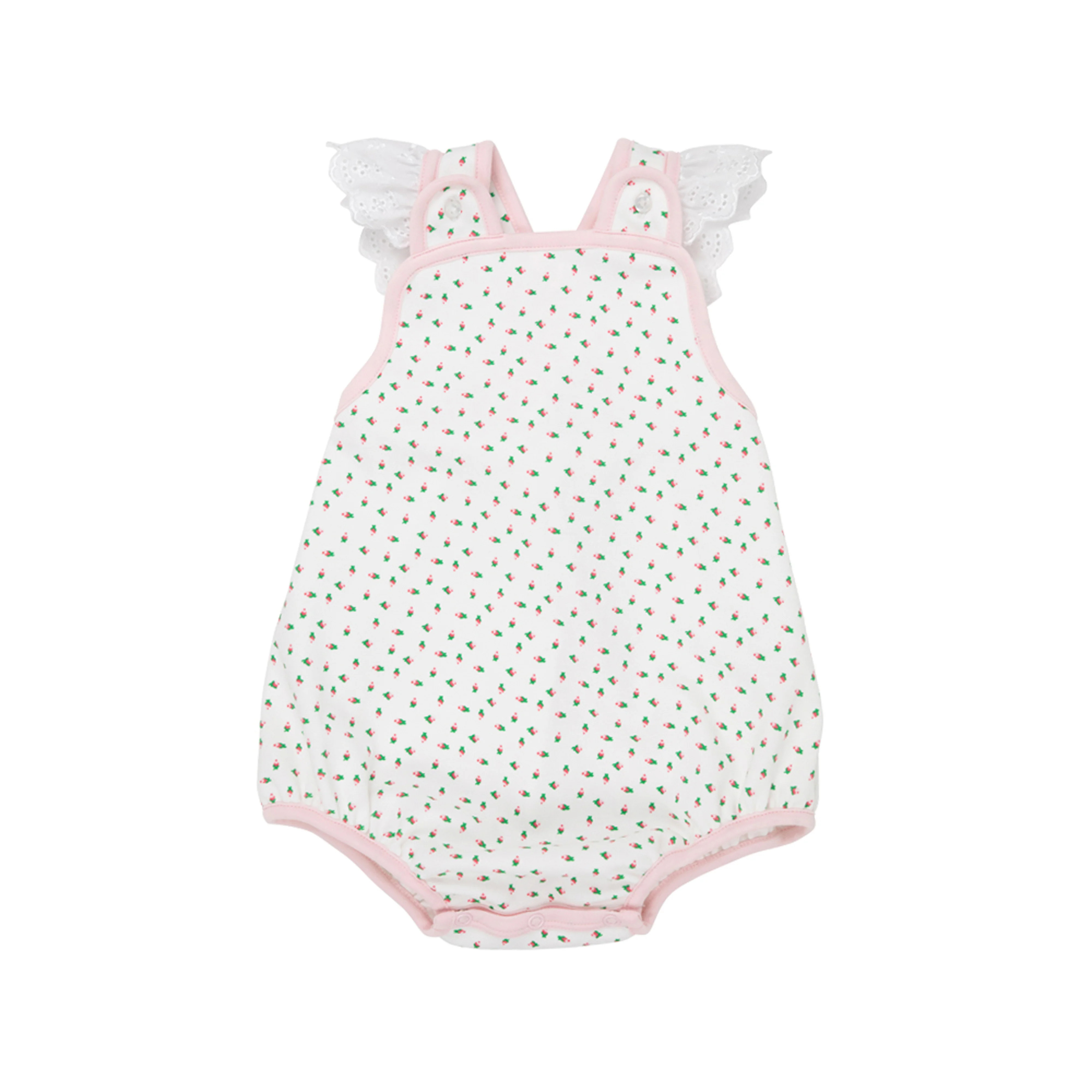 Saylor Sunsuit - Port Royal Rosebud with Palm Beach Pink & Worth Avenue White Eyelet | The Beaufort Bonnet Company