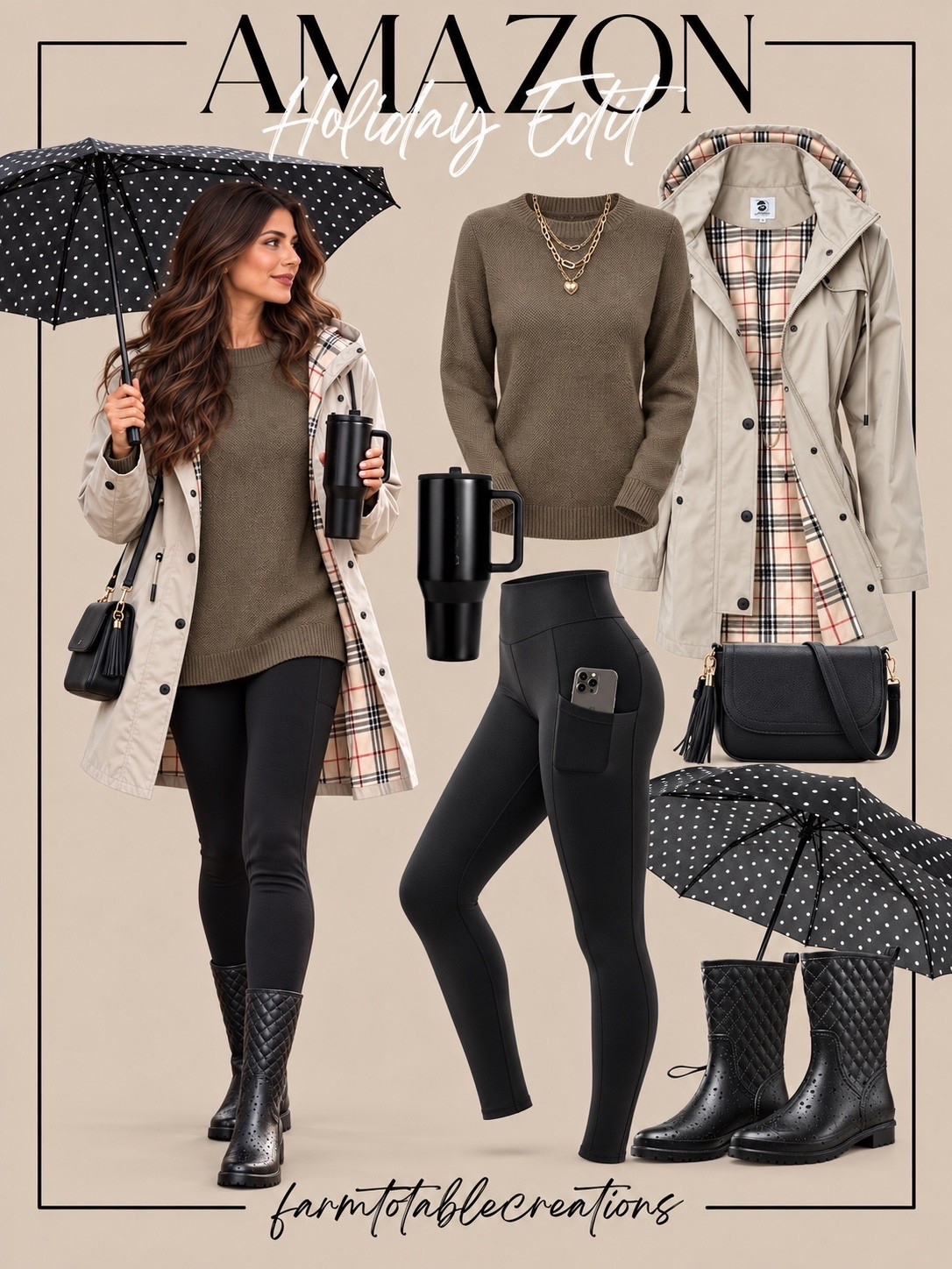 Amazon Rainy Fall Day Outfit ☔🍂

Rainy fall days call for an outfit that’s cozy, practical, and still put together! A warm neutral sweater with black leggings makes the perfect comfortable base, while the plaid-lined raincoat adds that classic fall touch. Finish it with quilted rain boots, a black crossbody, and a tumbler filled with something warm. 🤎

And of course, the polka-dot umbrella makes rainy-day errands a little more fun! This is such an easy look for school drop-off, running errands, grabbing coffee, or spending a chilly, drizzly fall afternoon out and about.

Follow @farmtotablecreations on Instagram for more cozy home finds and trending decor.

#LTKStyle #AmazonFashion #AmazonFinds #RainyDayOutfit #FallOutfit #FallFashion #RainyDayStyle #CozyFallStyle #AmazonStyle #FallEssentials #CasualFallOutfit #MomStyle #RainBoots #FallFinds #LTKFall

#LTKOver40 #LTKSeasonal #LTKmomlife