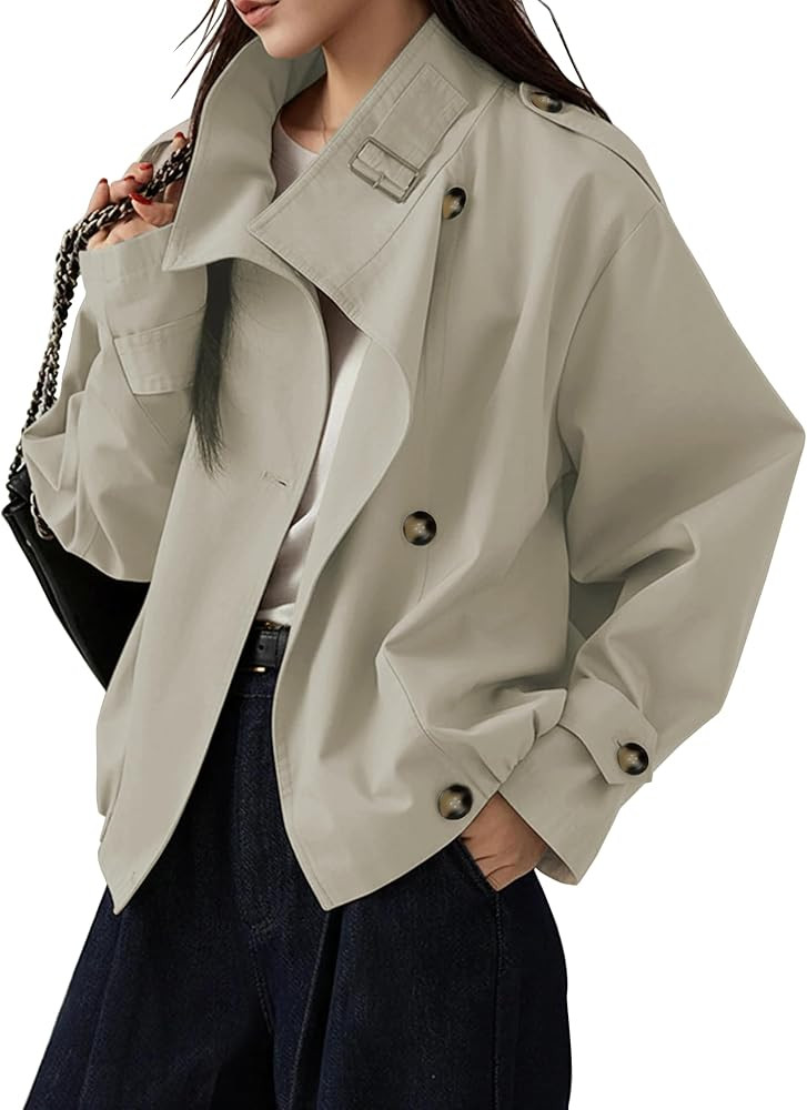 Megfie Jackets for Women Vintage Trench Coat Funnel Neck Cropped Jackets | Amazon (US)