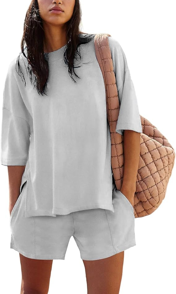 Womens Shorts Sets 2 Piece Outfits Summer 2025 Half Sleeve Crew Neck Cotton Lounge Sets Matching ... | Amazon (US)