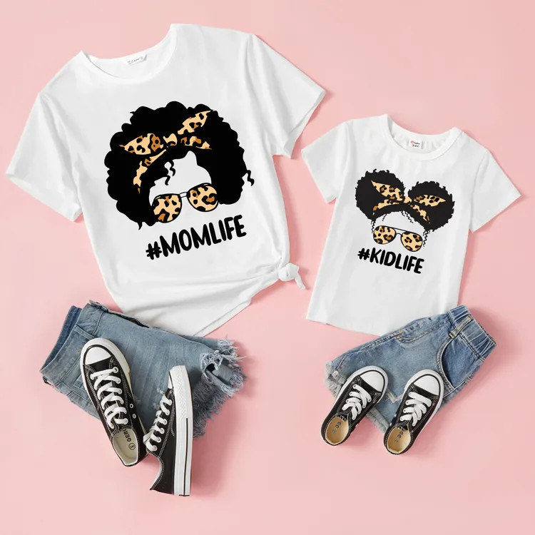 Leopard Girl and Letter Print White 100% Cotton Short-sleeve T-shirts for Mom and Me | PatPat