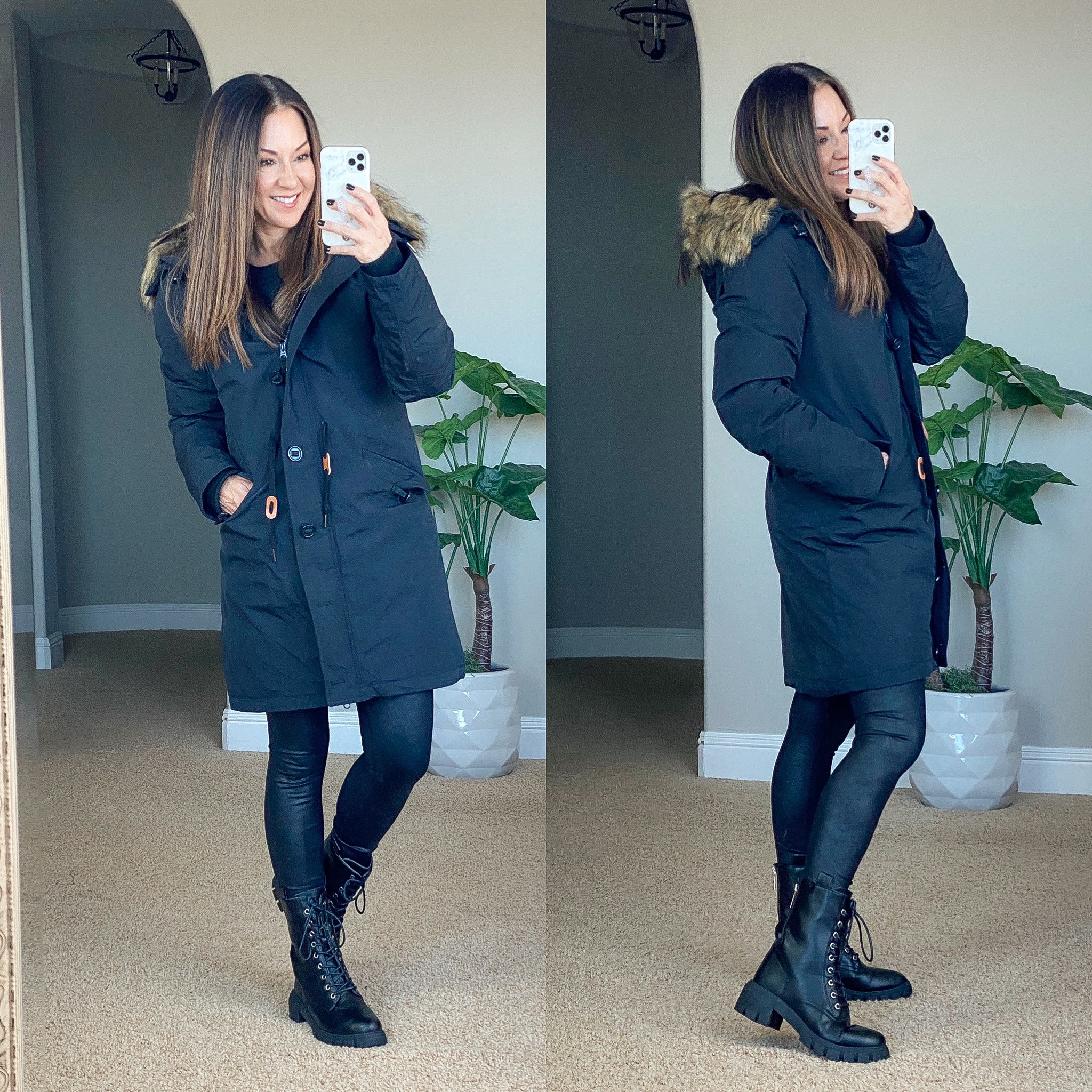 Amazon Essentials Women's Water Resistant Long Sleeve Longer Length Parka with Faux Fur Trim Hood size XS, faux leather leggings xs, soft long sleeve tee with thumbholes xs, comfy sports bra xs
Winter coat l cold weather style
Save 20% code EVERYDAYHOLLY20 on Boots - DM code “TRINA” on instagram for link

#LTKunder100 #LTKstyletip #LTKSeasonal