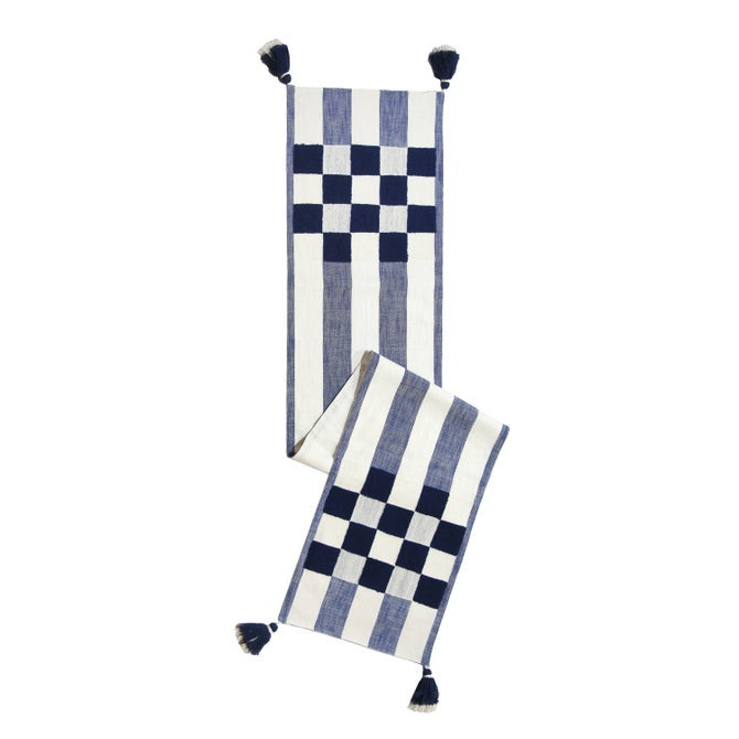 Indigo Checks and Stripes Table Runner | MacKenzie-Childs