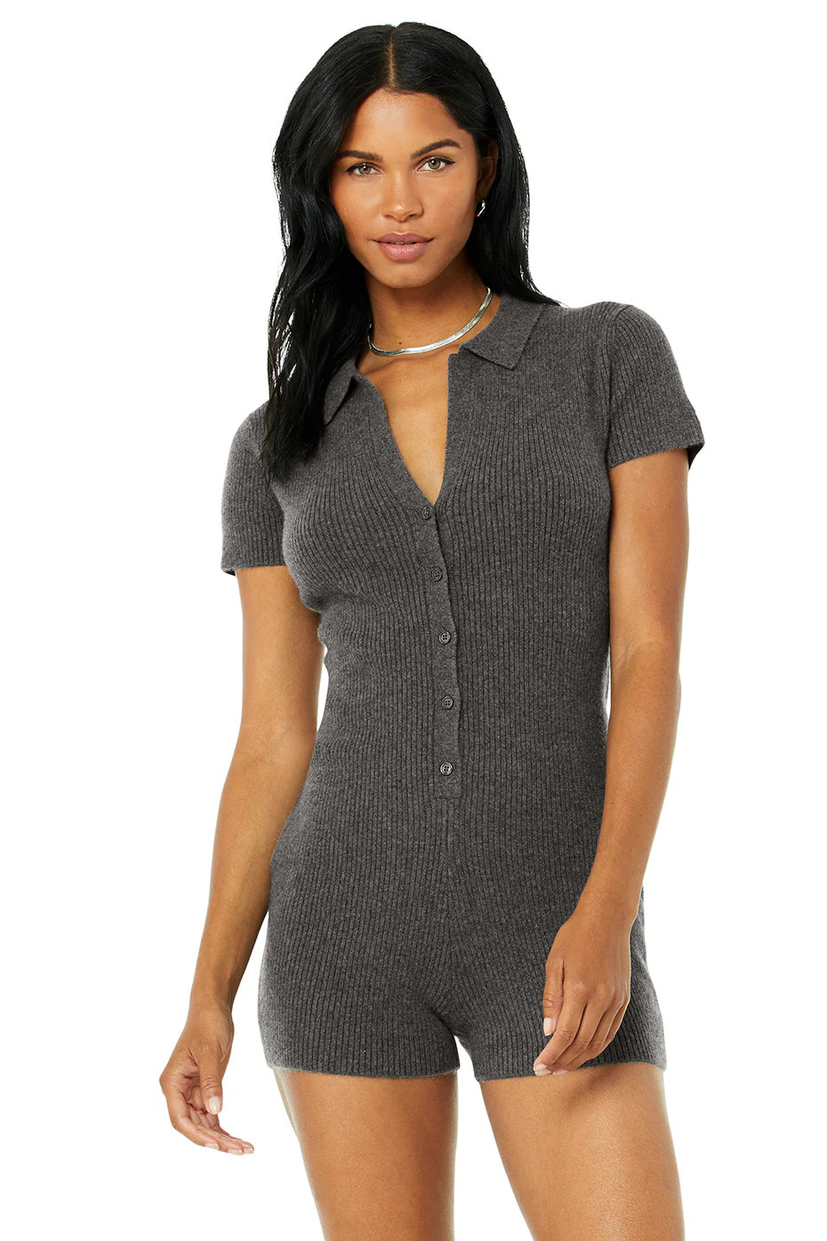 Cashmere Ribbed Staycation Playsuit Shorts Short Sleeves Top in Cozy Grey Heather, Size: XS | Alo Yo | Alo Yoga (US)