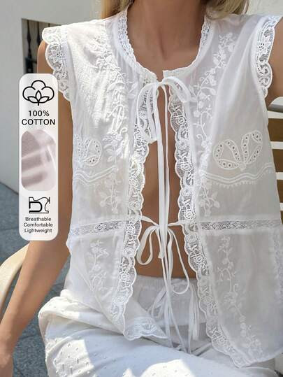 DAZY Cardigan de renda feminina, camisola de cor sólida com decote redondo e laço, primavera &a... | SHEIN