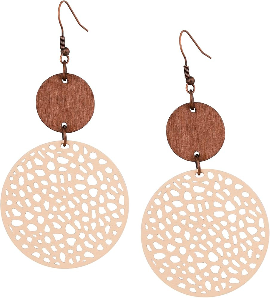 MINACHI Bohemian Hollow Cut-Out Wood Leather Dangle Drop Earrings, Boho Chic Hippie Statement Jew... | Amazon (US)